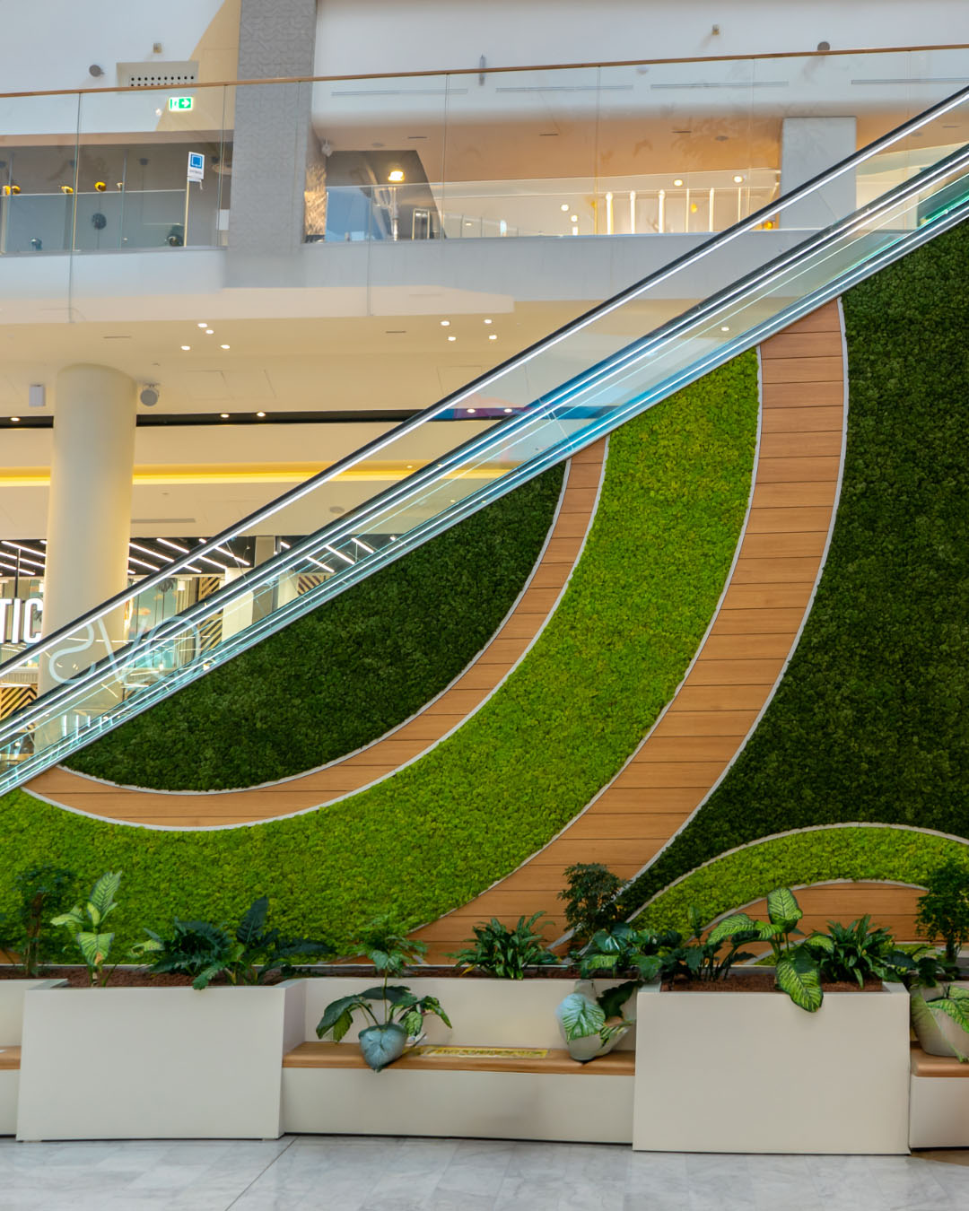 Architettura contemporanea con installazione integrata di muschio botanico stabilizzato